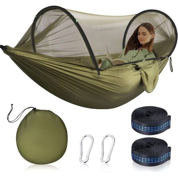 Hamac cu plasa de tantari, hamac de camping din nylon 210T, ultra-usor, capacitate 200 kg, include 2 carabiniere si 2 chingi din nylon, Verde kaki, 260 x 140 cm