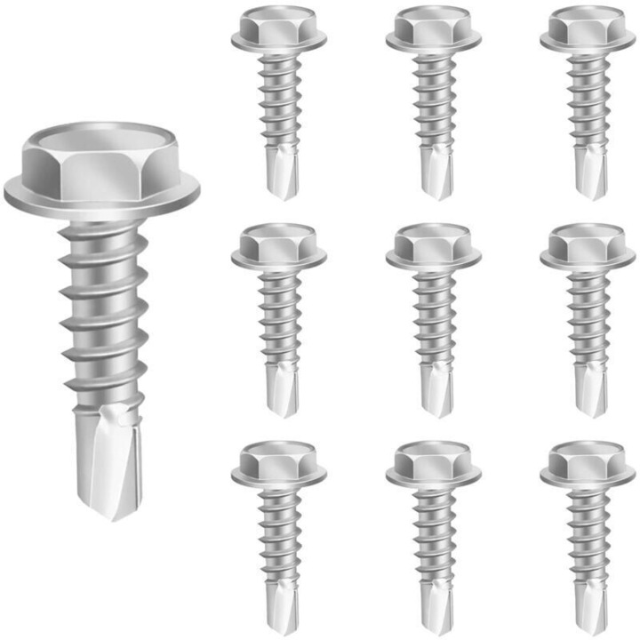 Surub autoforant 4.2 x 16 mm din otel inoxidabil 410, cap hexagonal, autofiletant, argintiu, 150 buc