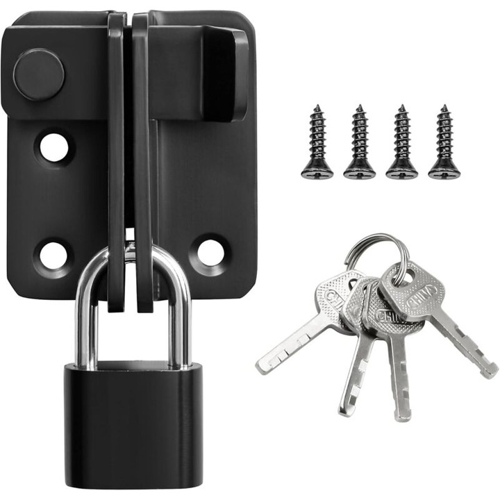 Incuietoare glisanta pentru usi (broasca glisanta) cu lacat, otel inoxidabil, finisaj negru mat, rezistenta la intemperii, 52 x 62 mm, cu 4 chei