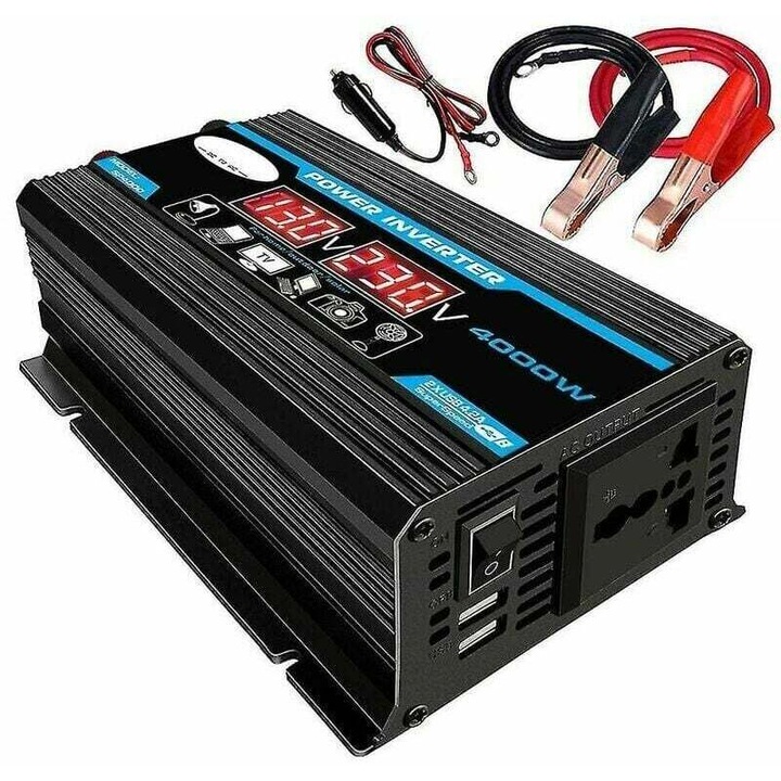 Invertor 12V la 220V 4000W, convertor sinus pur cu priza UE, USB 2x 2.1A si Type-C, ecran LCD dublu, protectii supratensiune/scurtcircuit/polaritate inversa, negru, 1 buc