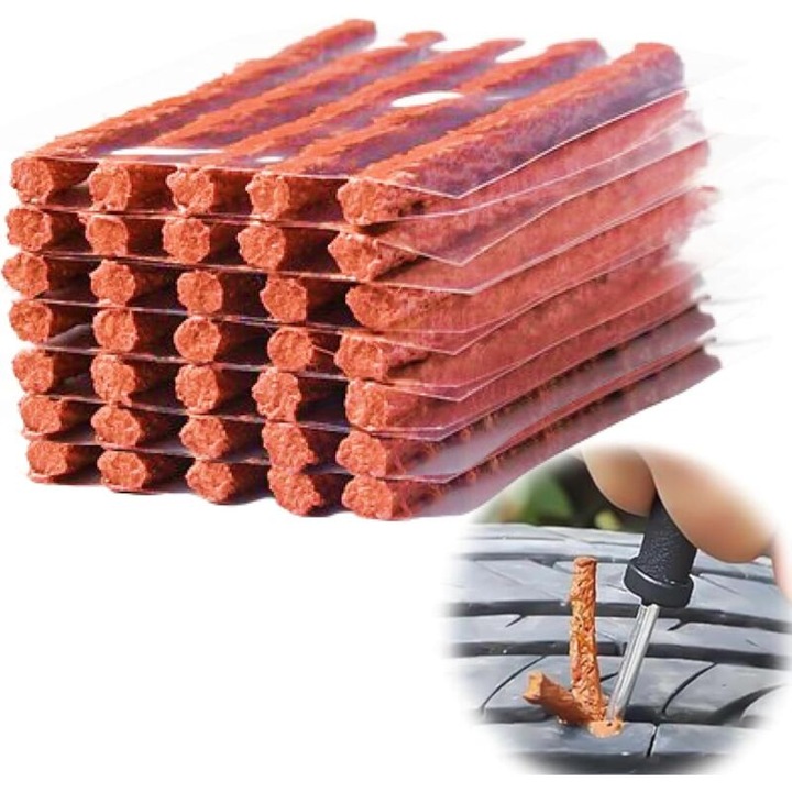 Kit reparare anvelope, set benzi reparare, autoadezive 100x6 mm, pentru anvelope tubeless auto/moto/van, maro, 35 buc