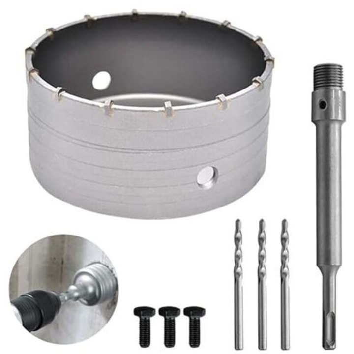 Set 8 piese corona bi-metal 160 mm pentru beton si faianta, cu adaptor SDS Plus 220 mm, 3 burghie pilot 110 mm, argintiu