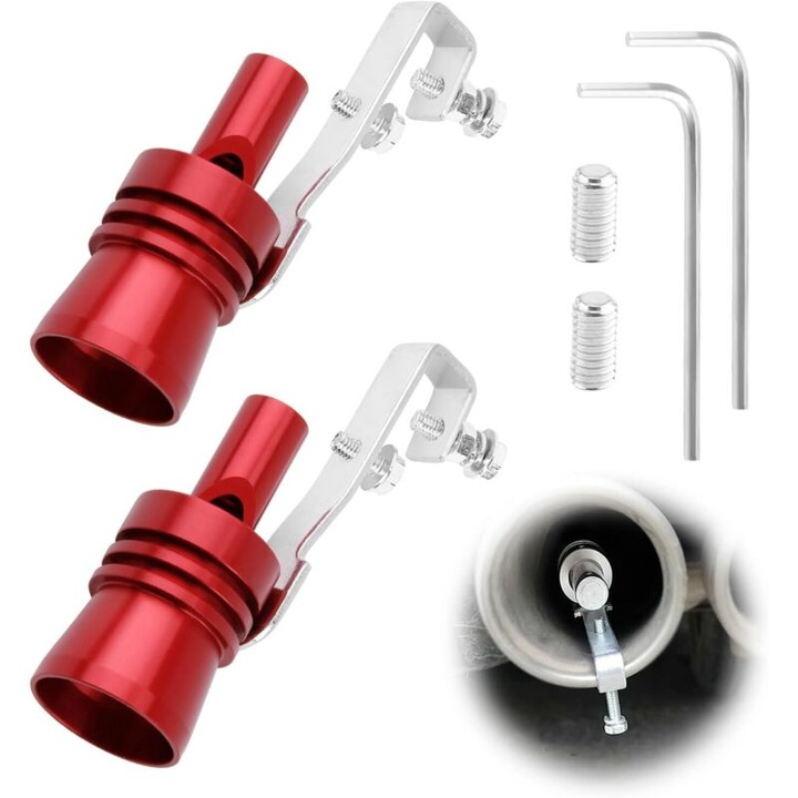 Fluier esapament Turbo Whistle, aluminiu, simulator sunet blow-off, universal compatibil cu tevi drepte/usor curbate, rosu, 2 buc