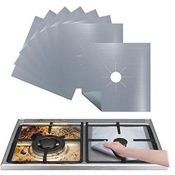 Protectii pentru plita cu gaz, protectii pentru arzatoare, din fibra reutilizabila, taiable si usor de curatat, rezistente pana la 260°C, Argintiu, Set 4 buc