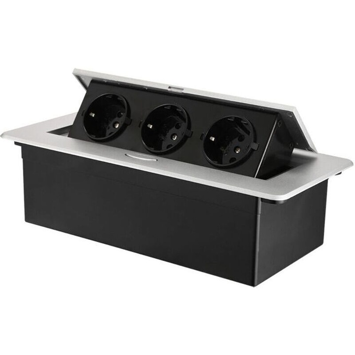 Priza retractabila incastrabila pop-up cu 3 prize, amortizare lenta, aluminiu si material ignifug, compatibila EU/US/UK, 2500W 110-250V, argintiu/negru, 26.5x11.8x6.8 cm