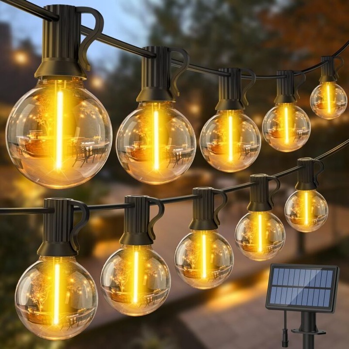 Ghirlanda luminoasa solara LED, sir de exterior cu 10 becuri, reincarcabila prin USB, IP45 (sir)/IP65 (panou), alb cald, 7 m