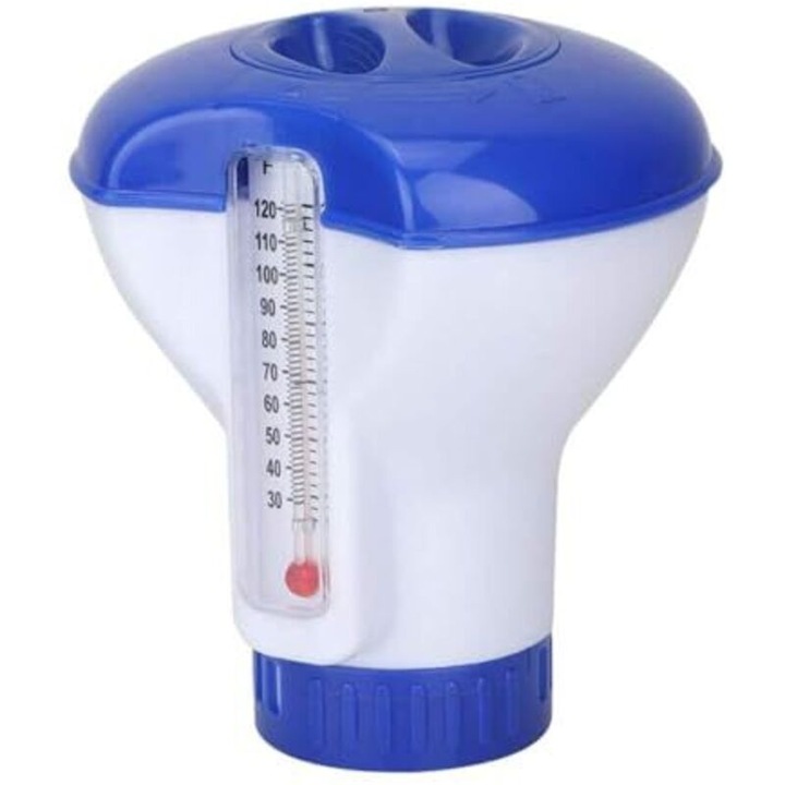 Úszó vegyszeradagoló/Adagoló medencékhez, gyógyfürdőkhöz és tavakhoz, ABS-ből, tabletta kapacitás 2.5 cm, állítható adagoláshoz, kék/fehér, 12.7x12x4.5 cm