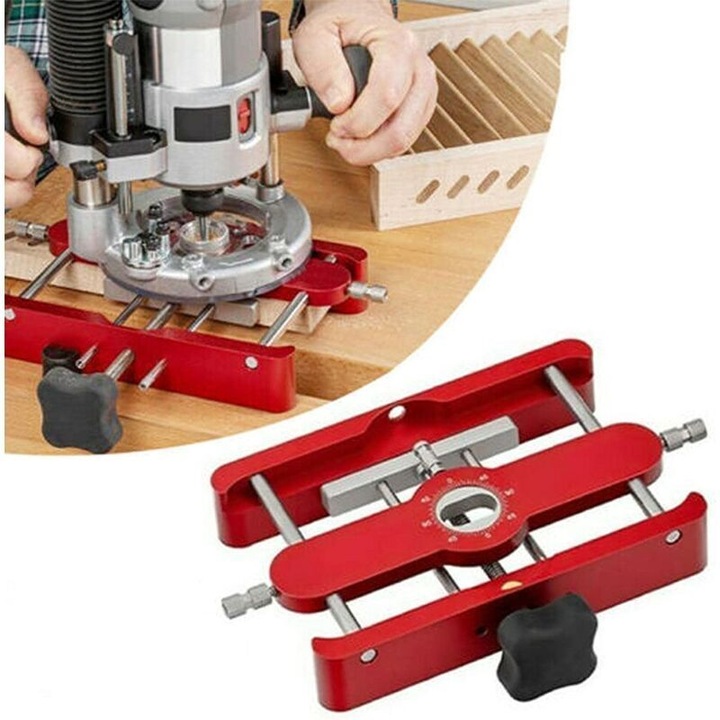 Jig de mortisare 2-in-1, ghidaj pentru frezat si sablon pentru tenon liber, 7 dimensiuni 4/5/6/8/10/12/14 mm, rotativ pentru taiere la orice unghi, cu pini index, ABS, rosu, 18x18x4 cm, 1 buc