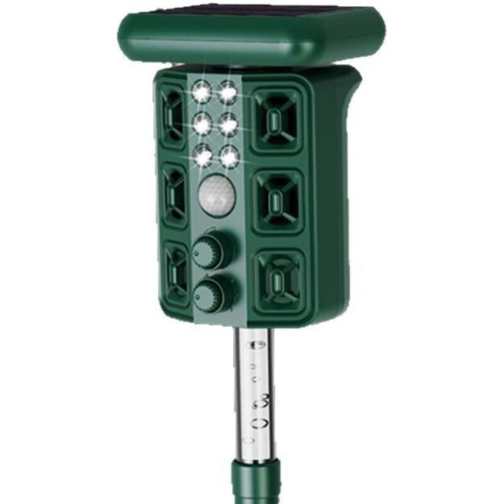 Repelent ultrasonic solar pentru animale, detector miscare, 4 moduri (rozatoare, caini/pisici, pasari), frecventa 13,5-25 kHz, raza detectie 12 m, IP54, Verde, 1 buc