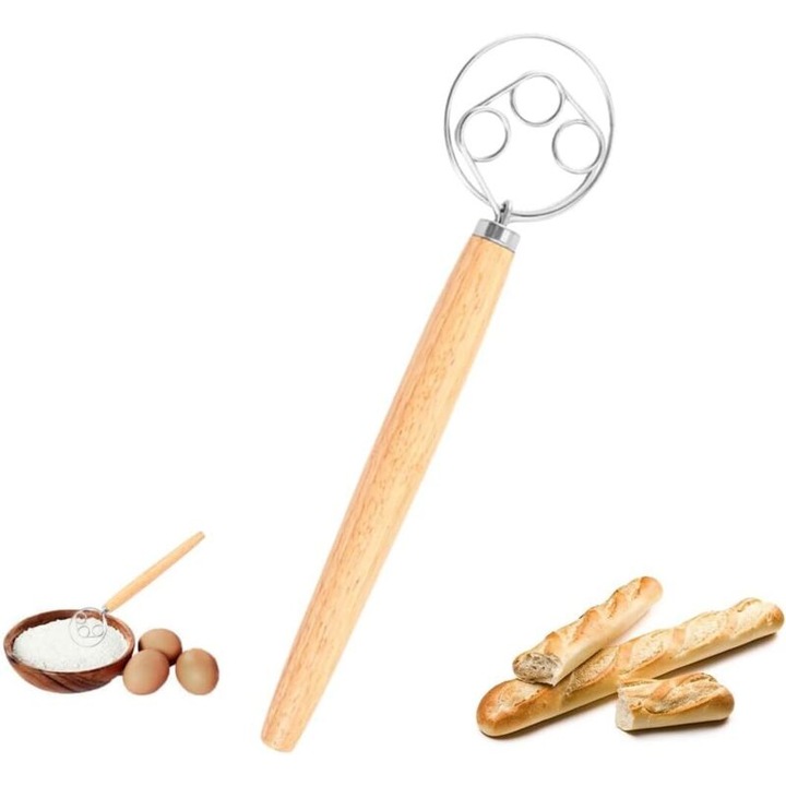 Tel danez mixer manual din otel inoxidabil 304, maner lemn ergonomic, design cu trei ochiuri pentru aluat, natural, 33 cm