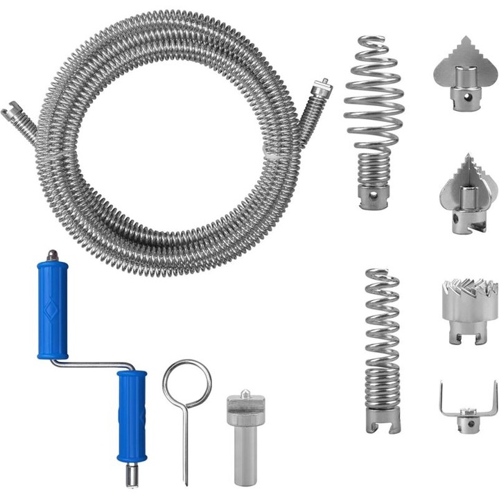 Spirala de desfundat scurgeri 5m, otel galvanizat, 12mm, set 8 accesorii