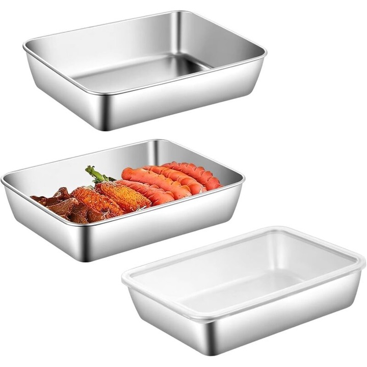 Set 3 tavi pentru pane, otel inoxidabil, capac silicon transparent, 25x19x5cm