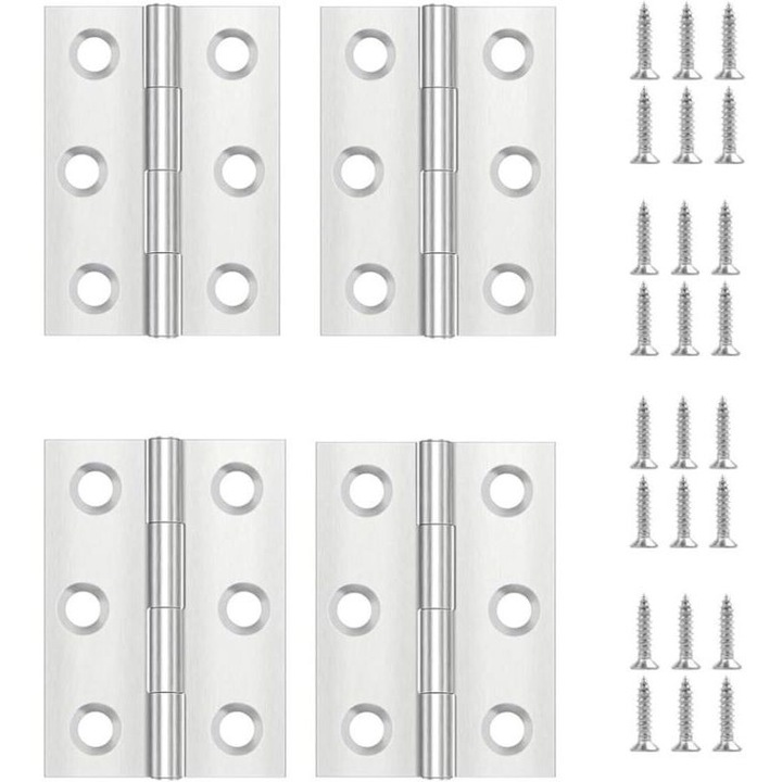 4 db rozsdamentes acél zsanér készlet, 44x31mm, csavarokkal, bútorajtókhoz