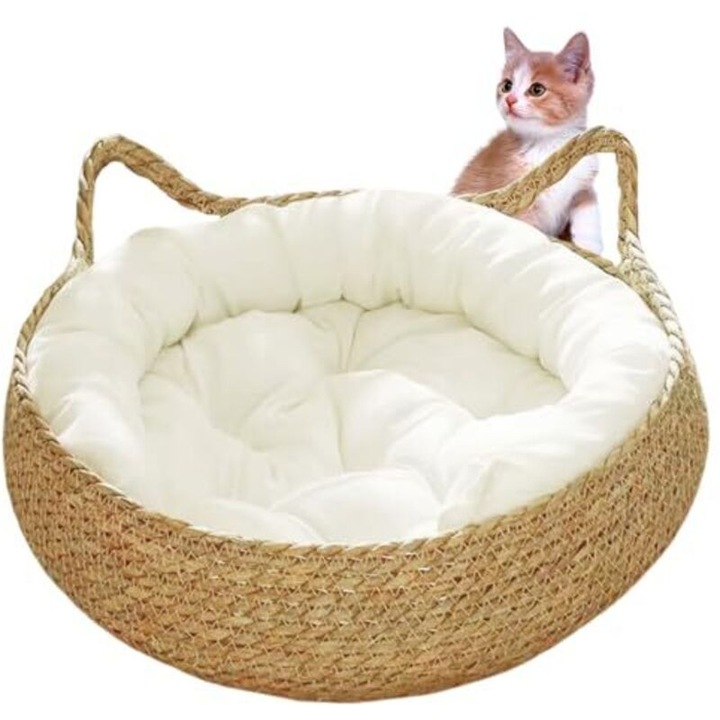 Pat pentru pisici, cuib impletit 2-in-1 cu perna detasabila si suprafata pentru zgariat, perna din bumbac si in, bej/alb, 38 x 13 cm