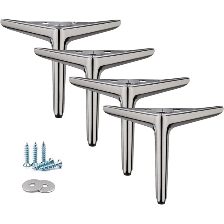 Set 4 picioare pentru mobilier, triunghiulare, din fier de inalta duritate, finisaj electroplacat lucios, negru titan, 15 cm