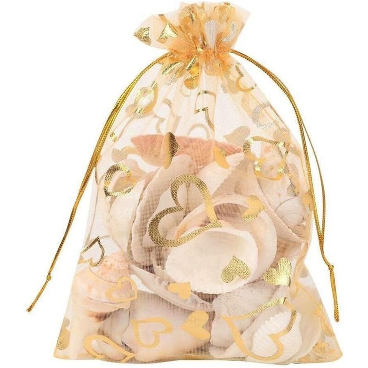 Set 100 saculeti/pungi organza cu snur, model inimioare, auriu, 9 x 12 cm