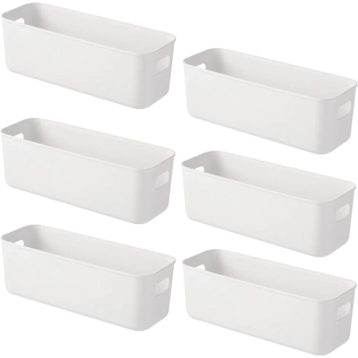Cutie depozitare/organizer din plastic pentru dulap si baie, cu manere, rezistenta, 28 × 9 × 10 cm, alb, 6 buc