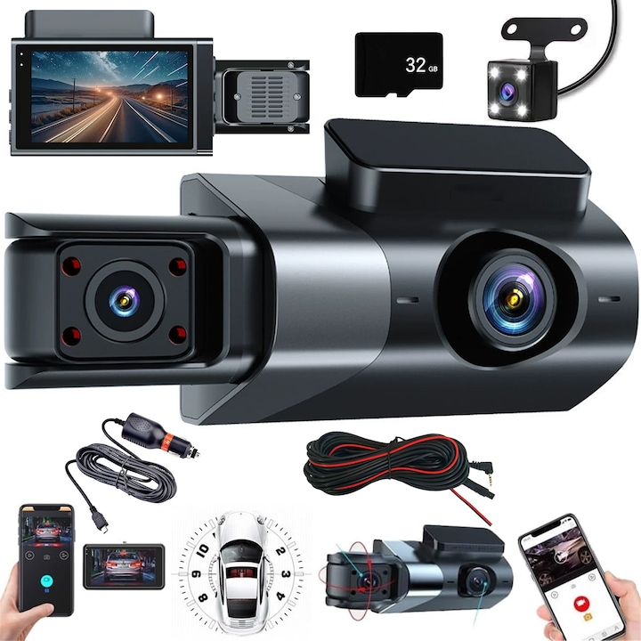 Camera Auto de Bord Tripla, SANSES, Full HD-1080P, 32G, WDR, GPS, WIFI, G-Senzor Reglabil, Aplicatie pe Telefon, Night Vision, Detectare Miscare, Parking mode, Unghi Larg 170°, Ecran IPS de 3.0 Inch, Camera Fata-Spate, Negru