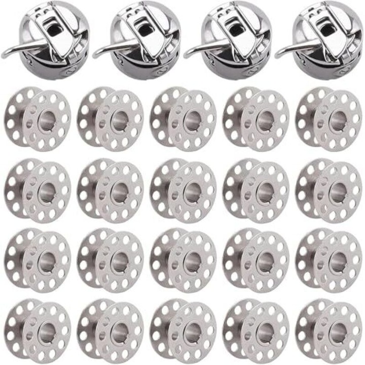 Set carcase bobina si bobine metalice, inox rezistent la rugina, compatibil Singer/Janome/Brother/Bernina/Elna/Kenmore/Baby-lock, argintiu, 4 carcase, 20 bobine