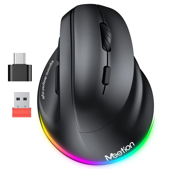 Egér ergonomikus, függőleges vezeték nélküli egér RGB világítással, újratölthető, Bluetooth (5.2 + 3.0) & USB-A USB-C adapterrel, 4 állítható DPI Mac/Windows/Android/PC/Tablet/iPad számára