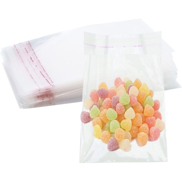 Pungi celofan/OPP, din polipropilena alimentara, rezistente la ulei, ideale pentru bomboane si bijuterii, transparent, 300 buc, 8 x 12 cm