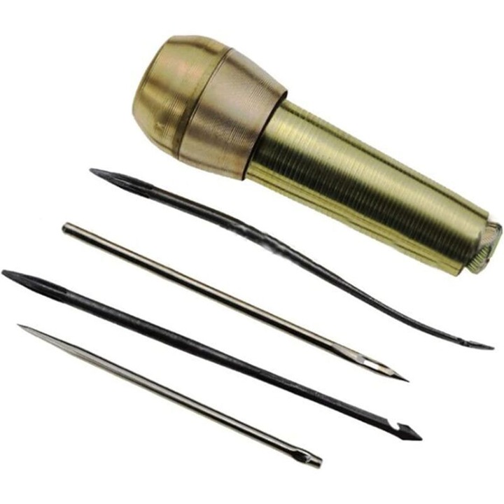 Set scule pentru cusut si reparat piele, maner din cupru placat cu aur, 4 ace diferite (gaura rotunda, dreapta, curbata), cordon ceruit nylon/poliester, Auriu, 1 set