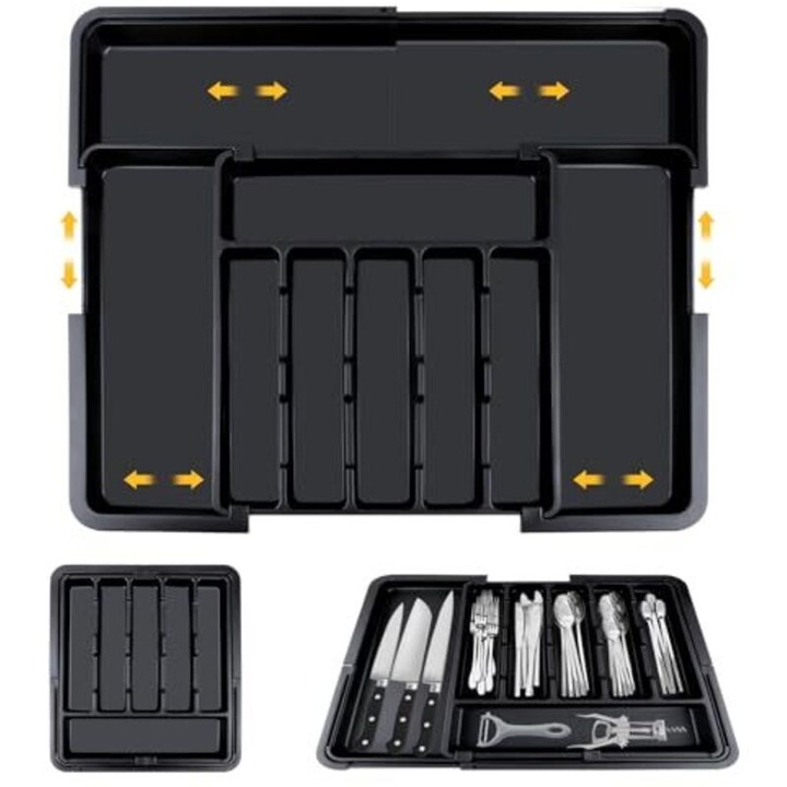 Organizator tacamuri pentru sertar extensibil, pliabil, din plastic PP fara BPA, extins 56 x 48 x 5 cm, pliat 36.5 x 33.3 x 5 cm, Negru