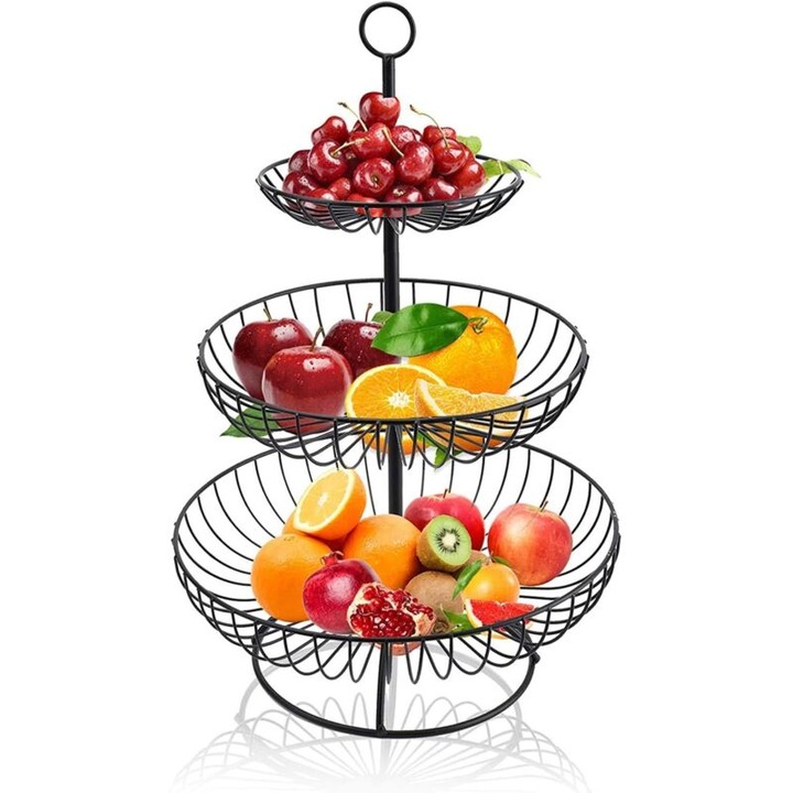 Suport pentru fructe / cos pentru fructe 3 etaje din metal, vopsit termic anti-rugina, pentru economisirea spatiului, diametre 16/24/30 cm, inaltime 48 cm, Negru, 1 buc
