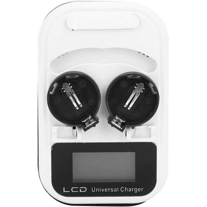 Incarcator baterii litiu buton LCD Button Battery Charger, dual slot, curent maxim 300mA, compatibil LIR2016/LIR2025/LIR2032, alb/negru, 1 buc