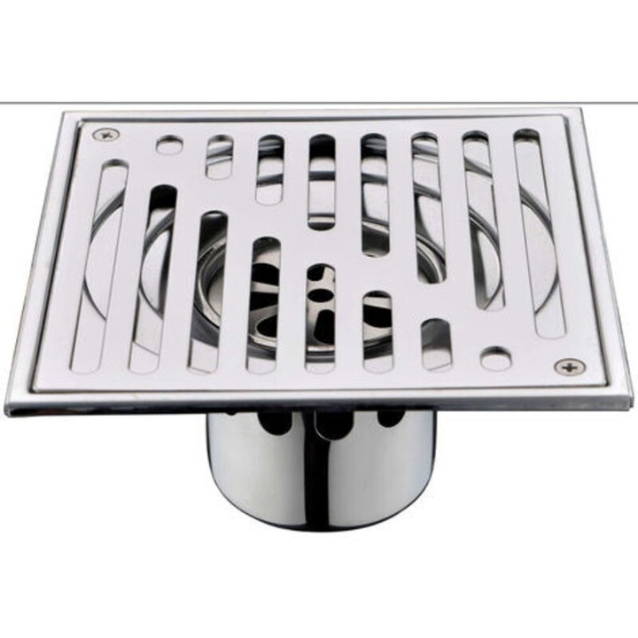 Sifon de pardoseala patrat, grilaj scurgere din otel inoxidabil cu supapa anti-miros si site anti-infundare, inox, 150 x 150 mm, 1 buc.