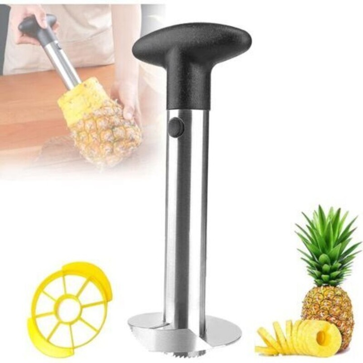Decojitor ananas, corer si feliator din otel inoxidabil, cu lama ascutita si buton de eliberare, maner ergonomic ABS anti-alunecare, argintiu/negru, 1 buc