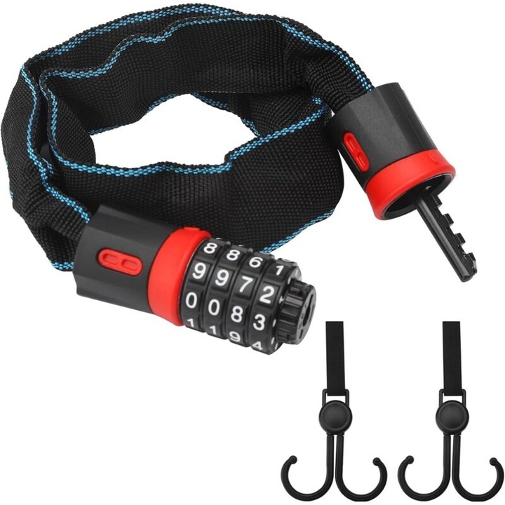 Lacat cu cifru lant antifurt pentru bicicleta si trotineta electrica, 4 cifre, lant din otel rezistent, cilindru din aliaj de zinc, negru/rosu, 60 cm