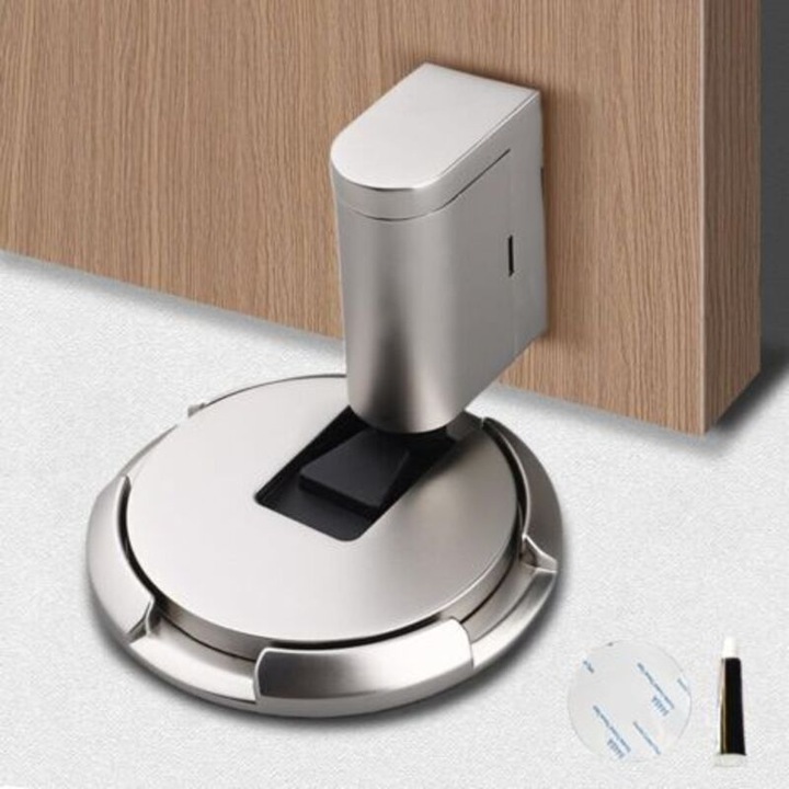 Opritor de usa magnetic ajustabil, montaj fara gauri cu adeziv, ventuza puternica, protectie perete, argintiu, 1 buc.