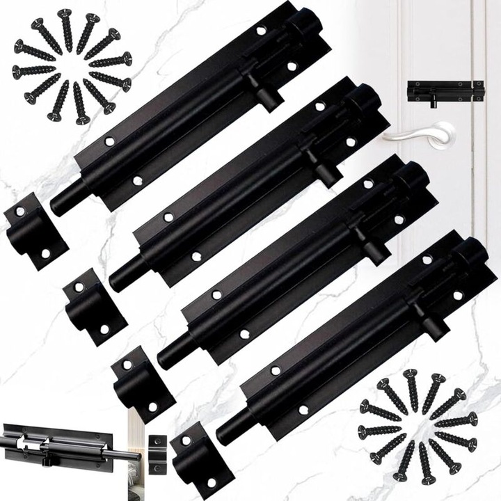 Incuietoare glisanta pentru usa, zavor/bolt, aluminiu, rezistenta la deformare, cu suruburi incluse, negru, 4 buc