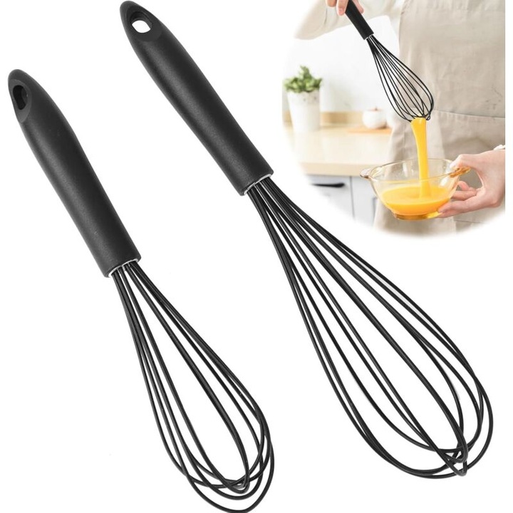 Set 2 teluri balon din silicon alimentar cu miez din inox, rezistente la caldura, maner ergonomic antiderapant, Negru, 22 cm/26.4 cm