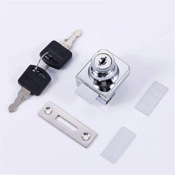 Incuietoare pentru usi din sticla/lacat pentru vitrina, otel cromat, pentru sticla 5-8 mm, sistem cheie unica, 2 chei incluse, montaj fara gaurire cu pad protector, argintiu, 1 set