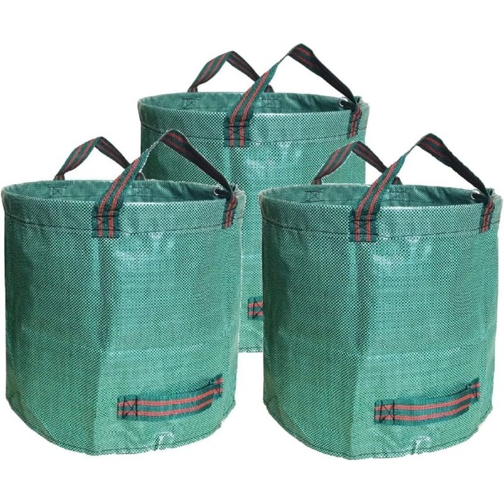 Set 3 saci de gradina reutilizabili 500L, din polipropilena 150 g/m², rezistenti la rupere si UV, cu 4 manere, Verde, 100 x O80 cm