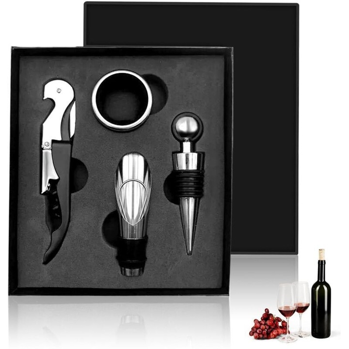 Set 3 piese accesorii pentru vin, tirbuson/deschizator, dop si turnator, otel inoxidabil, cutie cadou neagra