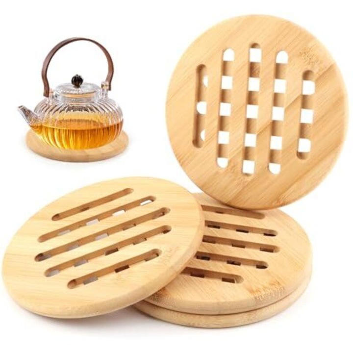 Set 4 suporturi pentru vase din bambus, antiderapant, rezistente la caldura, rotunde, 15 x 15 x 1 cm, natural