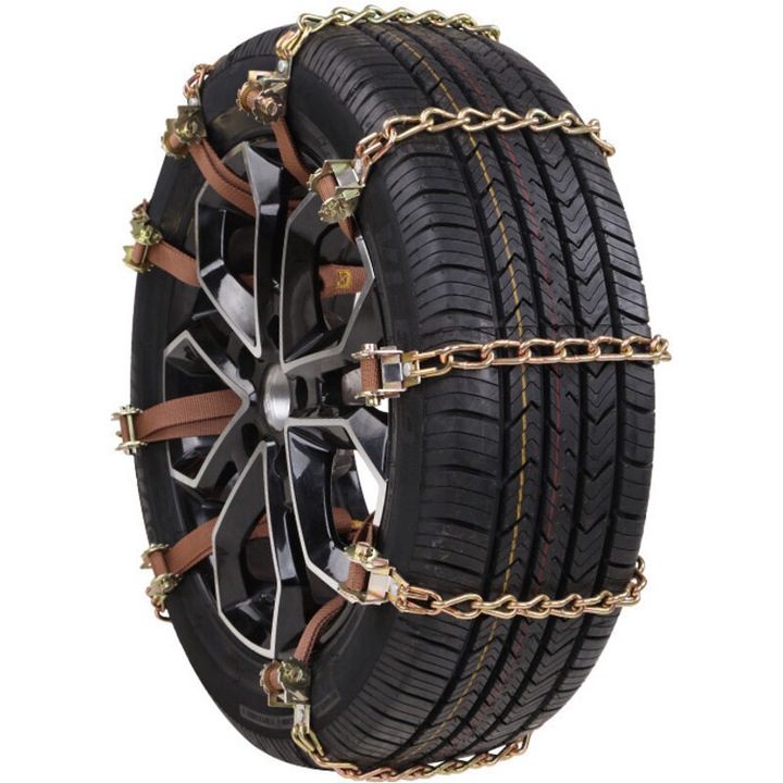 Lanturi de zapada (lanturi antiderapante), reglabile din otel mangan, cu chingi nylon rezistente, auriu, pentru anvelope 165-330 mm, 8 bucati