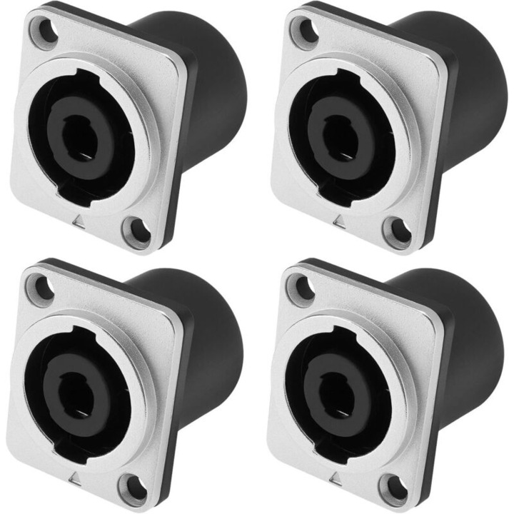Conector 4-poli panou compatibil Neutrik NL4MP/NL4MPR/NL4FC, metal si plastic, rezistent la coroziune si socuri, negru/argintiu, 4 buc