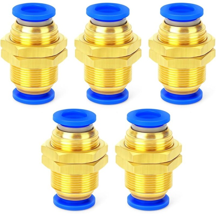 Racord pneumatic trecere prin panou, cuplaj rapid pentru furtun 4 mm, montaj panou, auriu/albastru, 5 buc