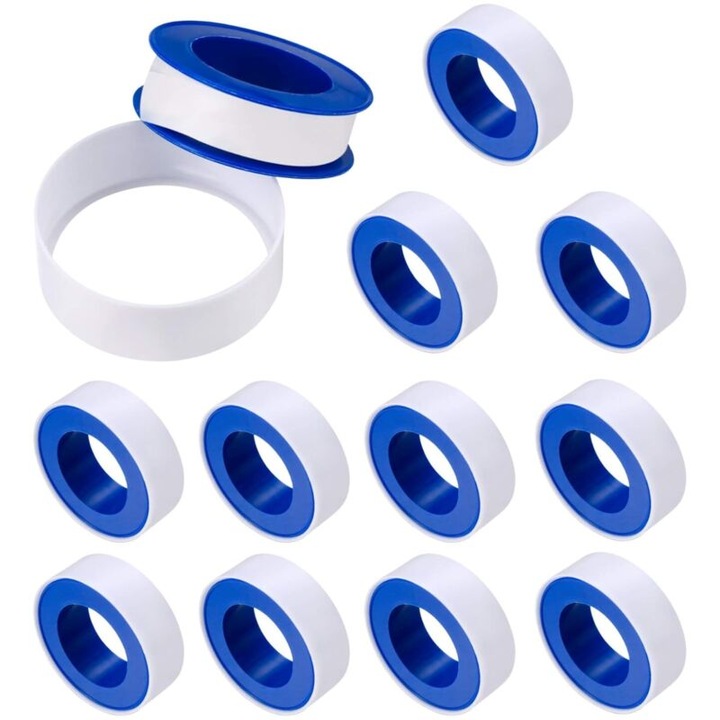 Banda de etansare PTFE teflon 12 mm x 10 m, pentru filete, rezistenta la apa si gaze, alb, 12 buc