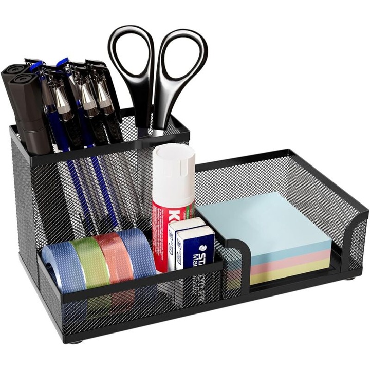 Organizer birou metalic, 3 compartimente, suport pentru pixuri si accesorii, cu finisaj vopsit, cu 4 tampoane antiderapante, negru, 20.2 x 10 x 10.2 cm