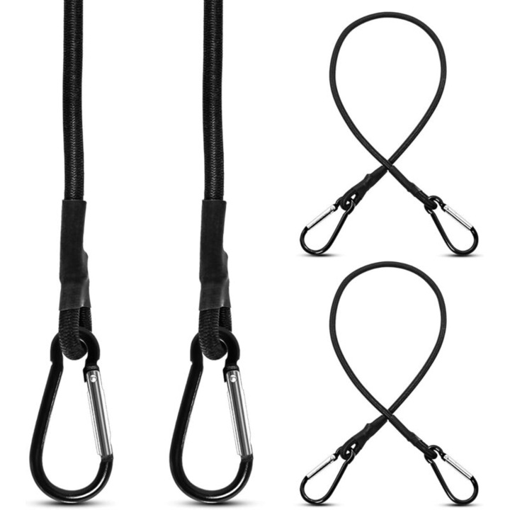 Chingi elastice bungee / bungee cords, cu carabiniere metalice, capacitate intindere pana la dublu, din cauciuc cu husa din polipropilena rezistenta UV, Negru, Set 4 bucati, 60 cm