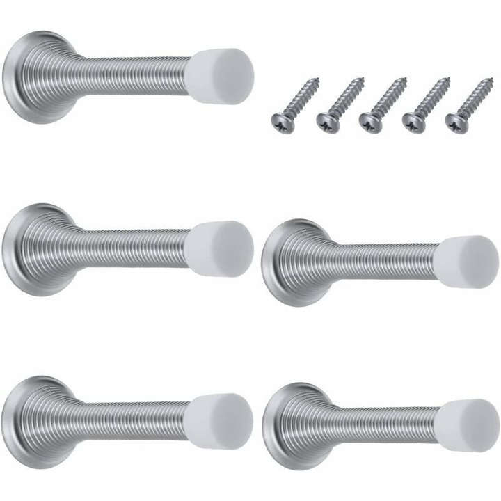 Set 6 opritoare usi cu arc, metal nichelat, 8.5x2.5x2.5 cm, argintiu