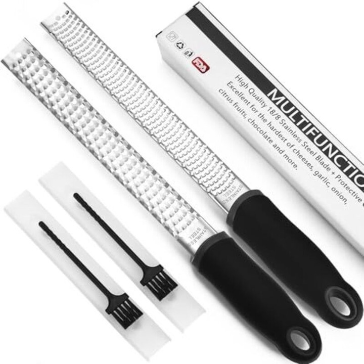 Set razatoare si zester din otel inoxidabil 304, maner antiderapant din silicon, capac protector, lavabil in masina, Negru, 2 piese