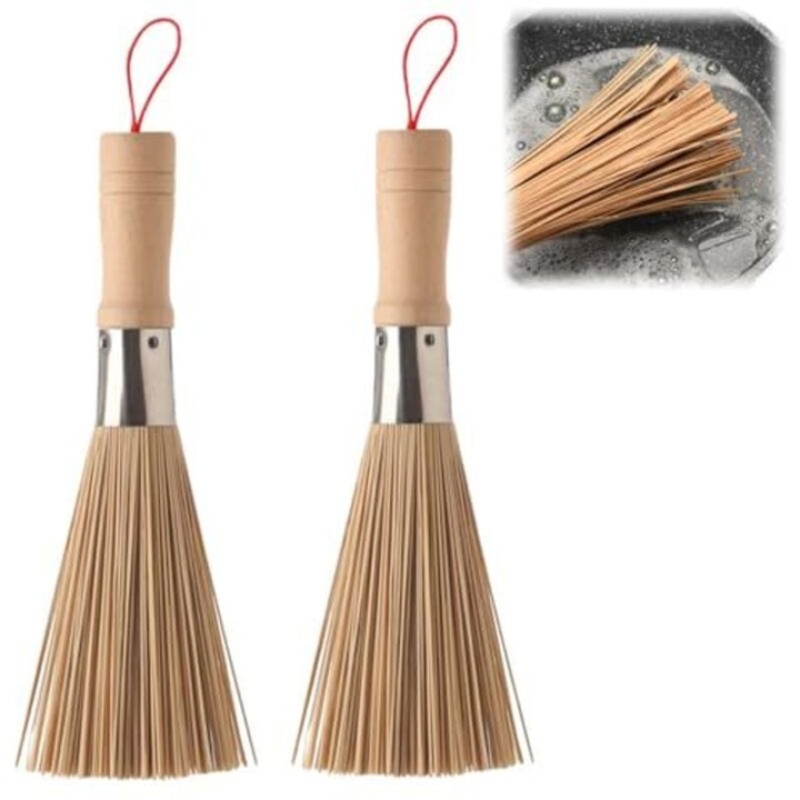 Set 2 perii pentru wok din bambus, peri dure si dense, maner ergonomic, natural