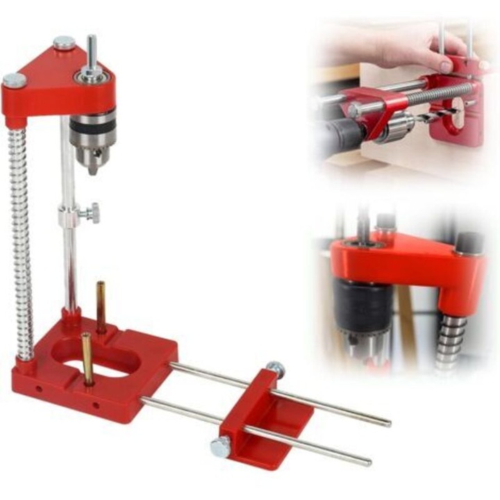 Stand pentru bormasina, ghid de gaurire ajustabil si suport vertical pentru lemn, cu scara de masurare, din aluminiu, rosu, 1 buc