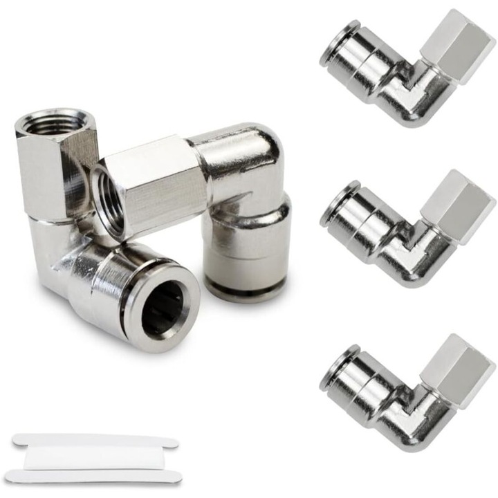 Racord cot pneumatic / fitting O8 mm x 3/8 BSP, alama nichelata, O-ring NBR si clema din otel inoxidabil, nichelat, 5 buc